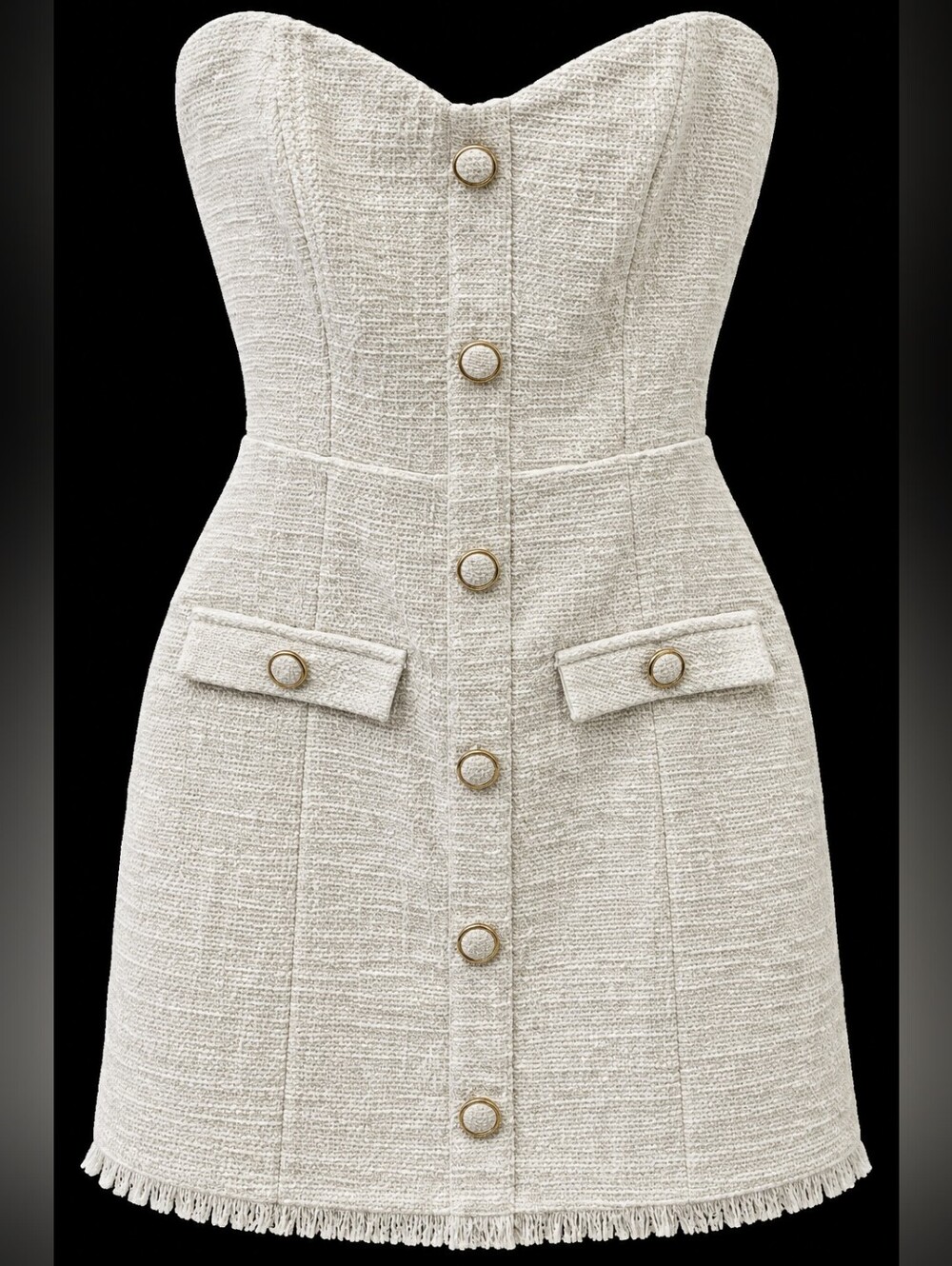 Strapless Cream Tweed Button-Front Mini Dress